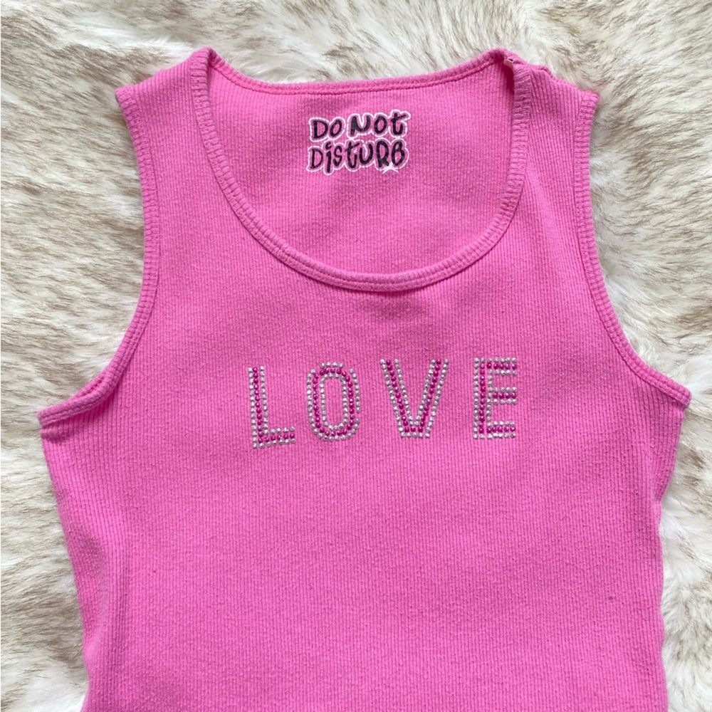 Y2K Do Not Disturb Pink Rhinestone LOVE Ribbed Tank Top Valentine’s Day